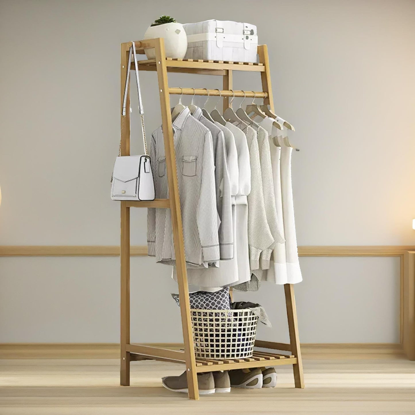 Wooden Open Wardrobe Garment Rail With Storage Shelf Natural Brown