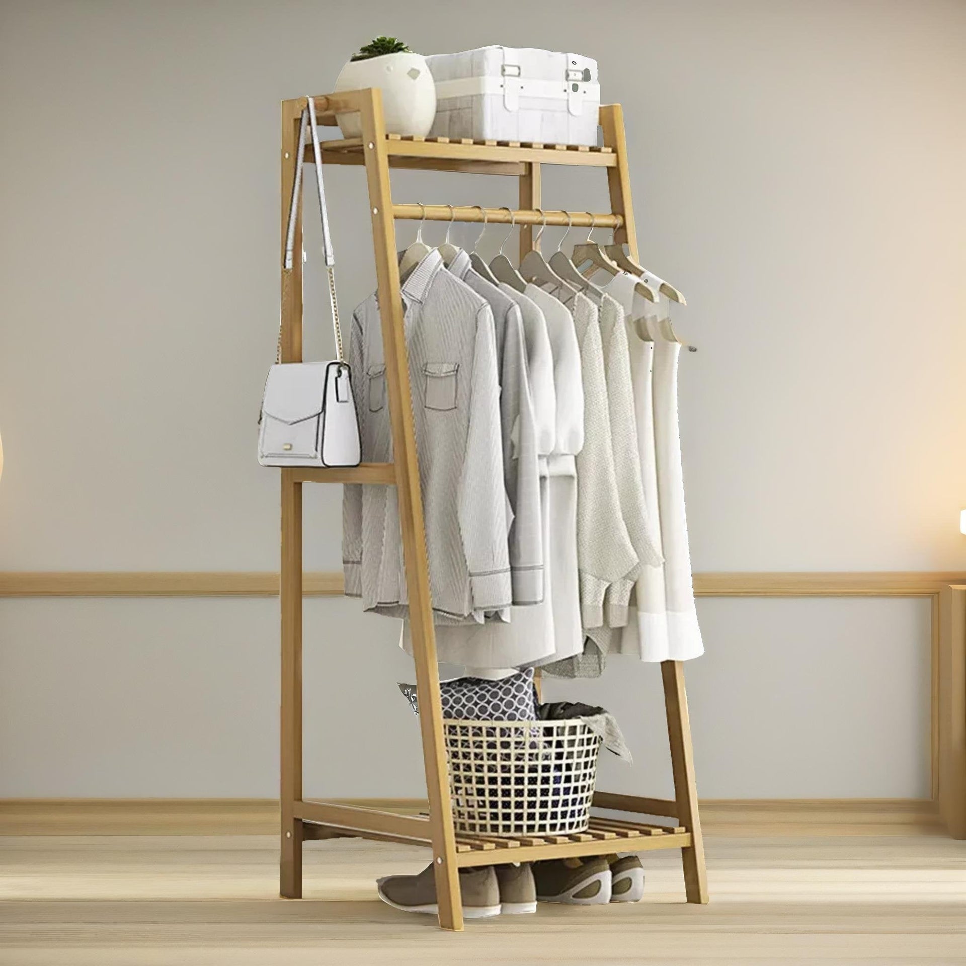 Wooden Open Wardrobe Garment Rail With Storage Shelf Natural Brown