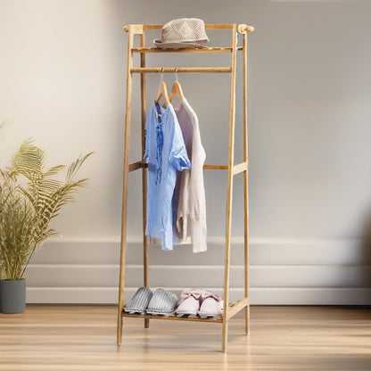 Wooden Open Wardrobe Garment Rail With Storage Shelf Natural Brown