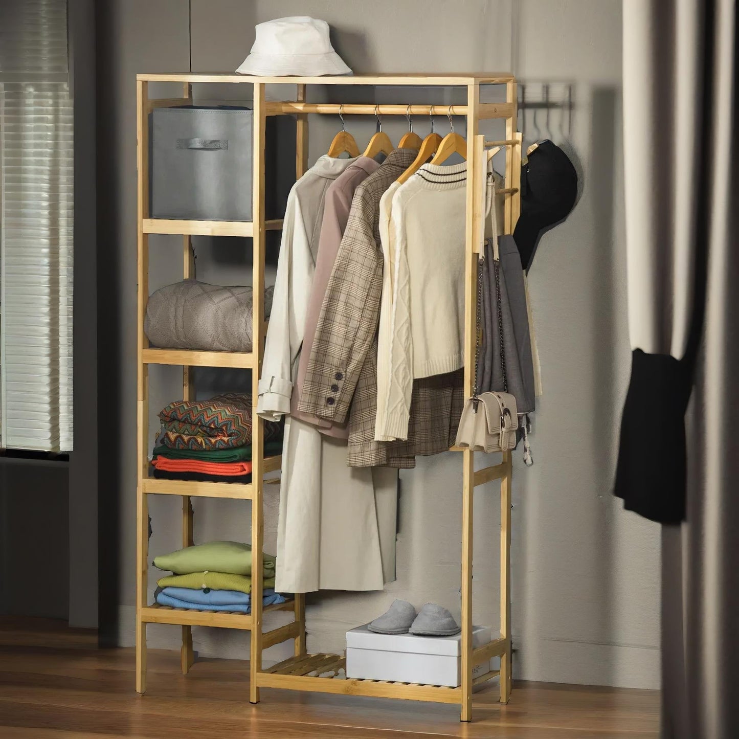 Wooden 155CM Tall Open Wardrobe With Shelves