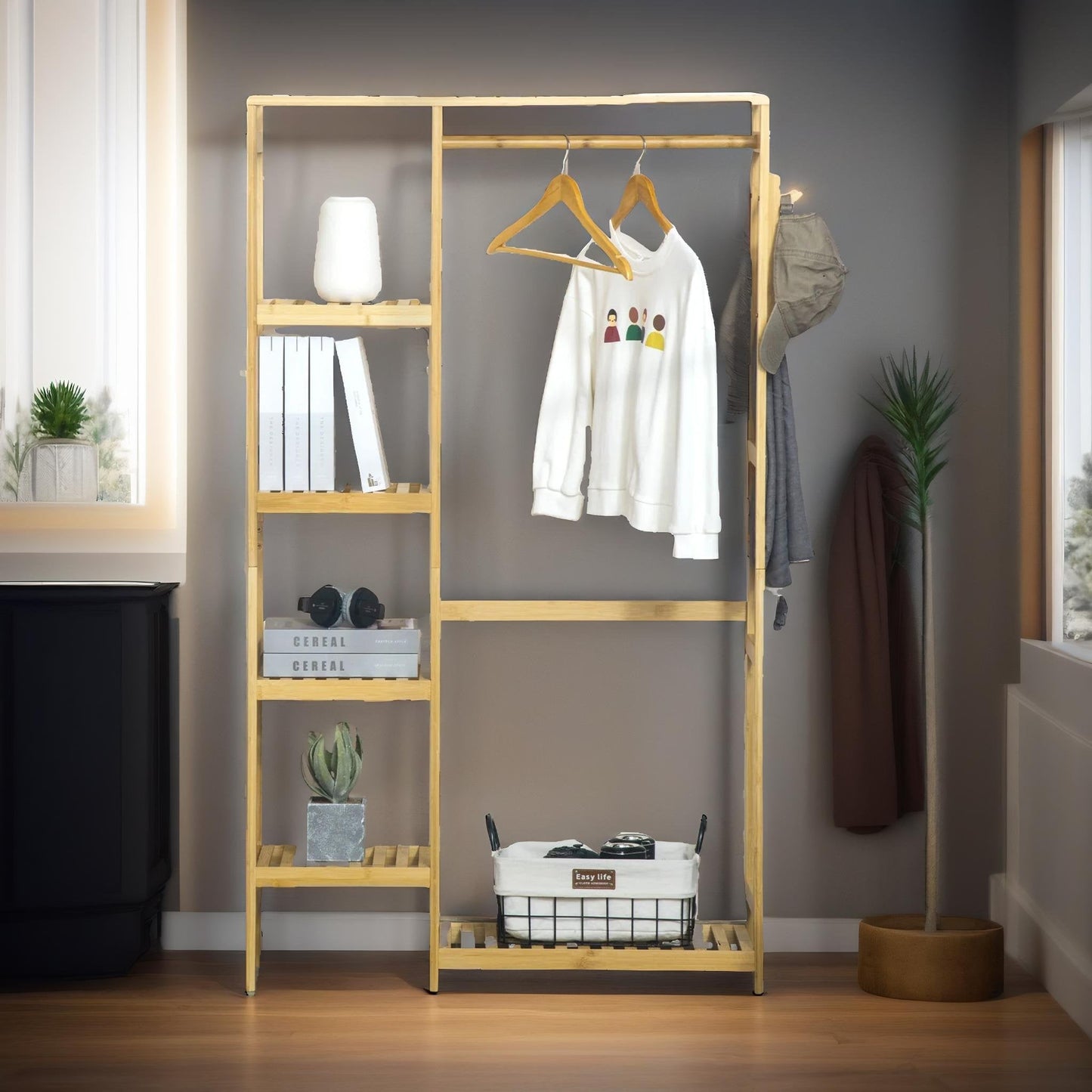 Wooden 155CM Tall Open Wardrobe With Shelves