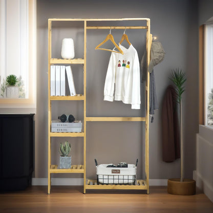 Wooden 155CM Tall Open Wardrobe With Shelves