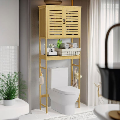 Wooden Over Toilet Storage Unit With Cabinets Natural Brown