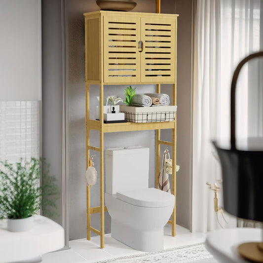 Wooden Over Toilet Storage Unit With Cabinets Natural Brown