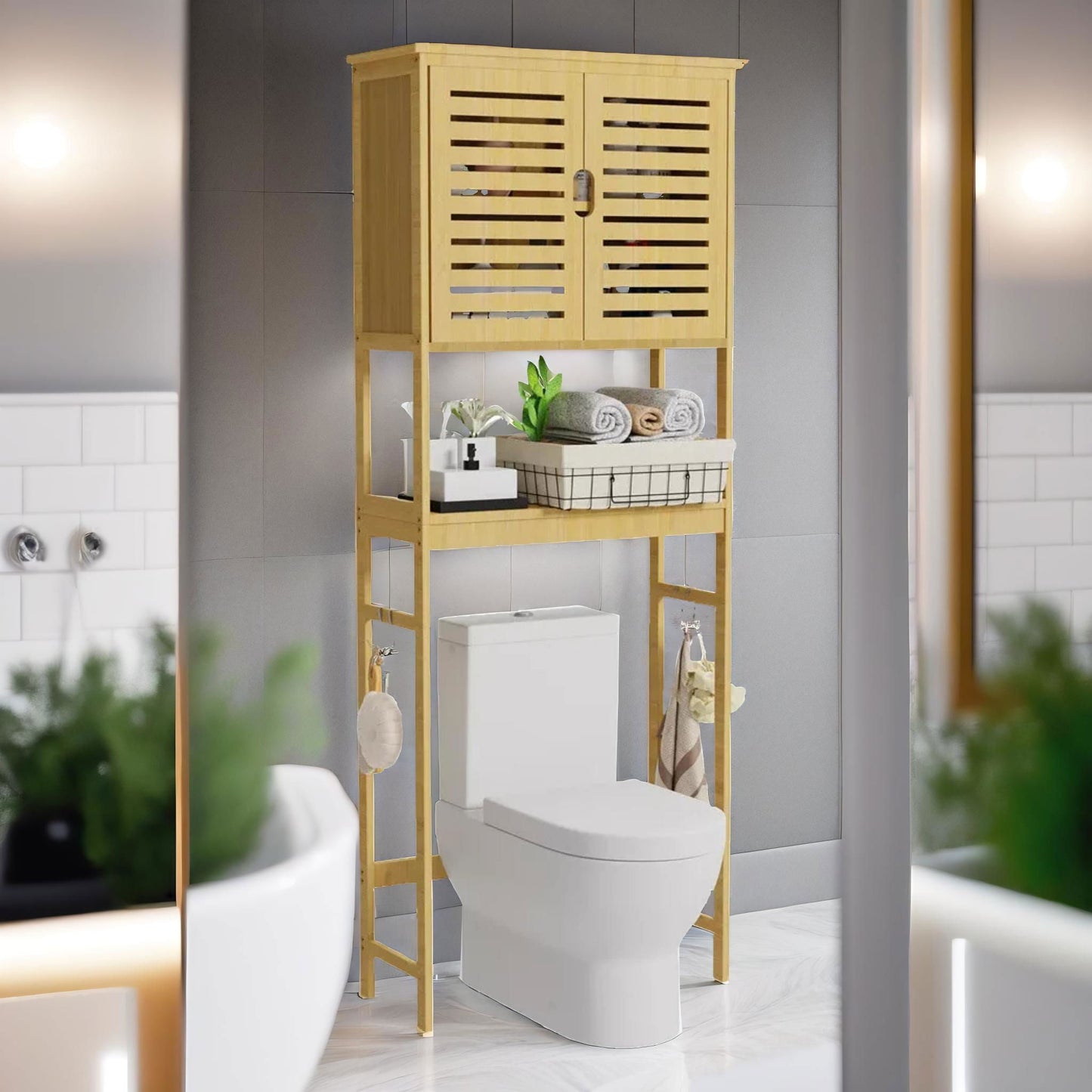 Wooden Over Toilet Storage Unit With Cabinets Natural Brown