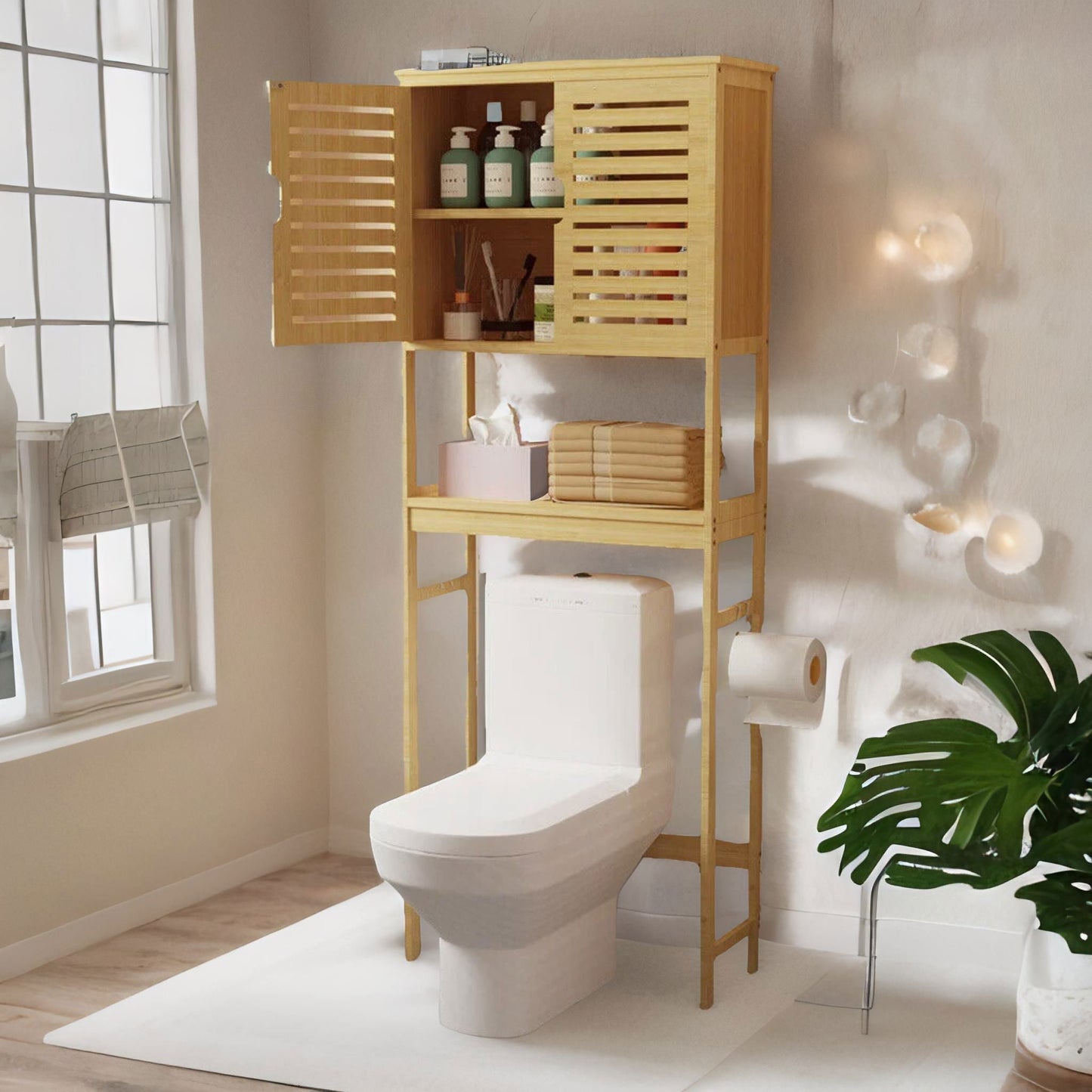 Wooden Over Toilet Storage Unit With Cabinets Natural Brown