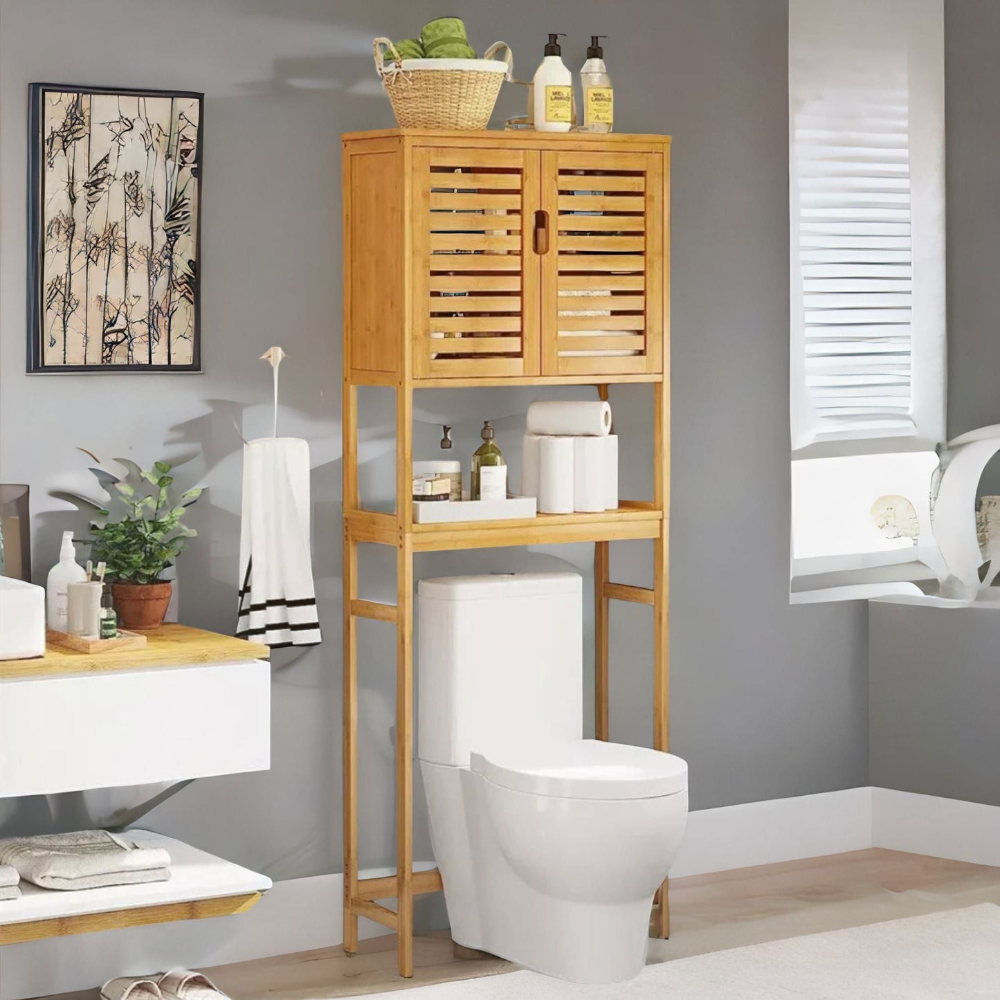 Wooden Over Toilet Storage Unit With Cabinets Natural Brown