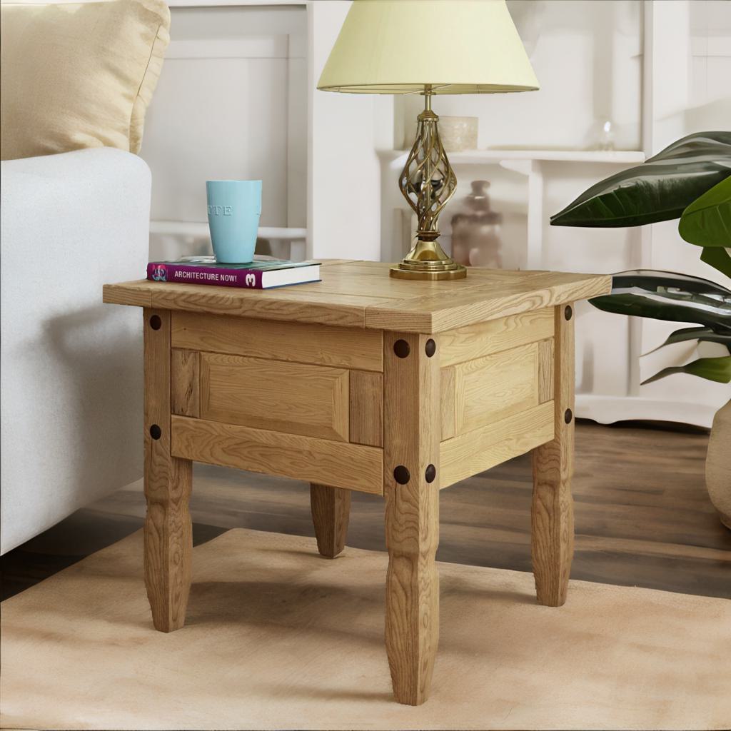 Solid Pine Wood Side End Accent Table Natural Brown