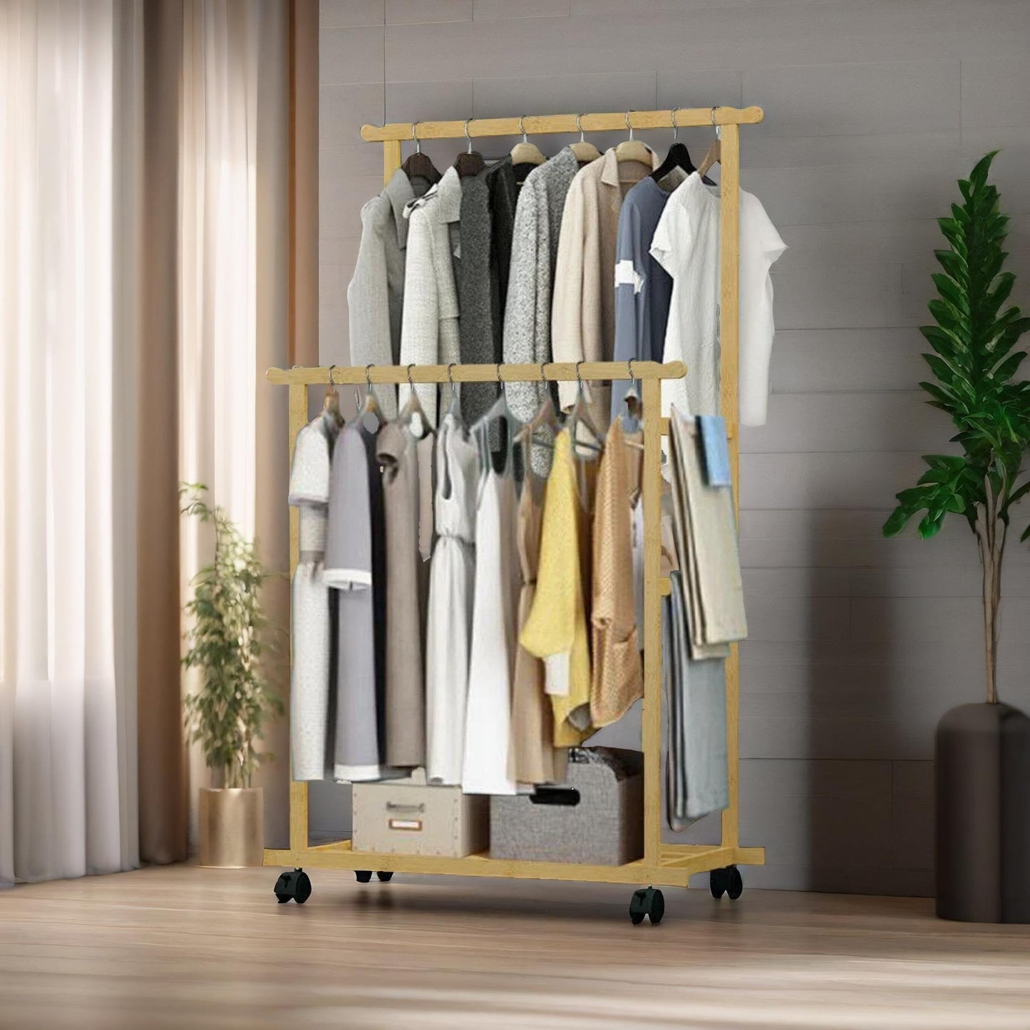 Wooden 4-in-1 Open Wardrobe With Hanging Rails