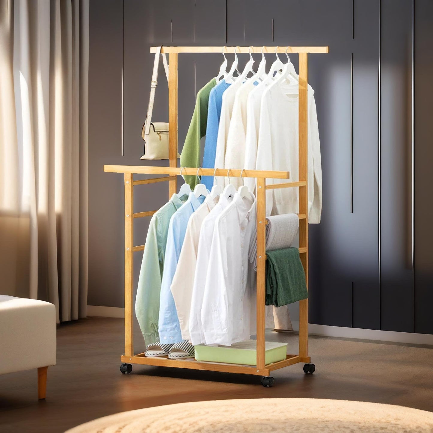 Wooden 4-in-1 Open Wardrobe With Hanging Rails