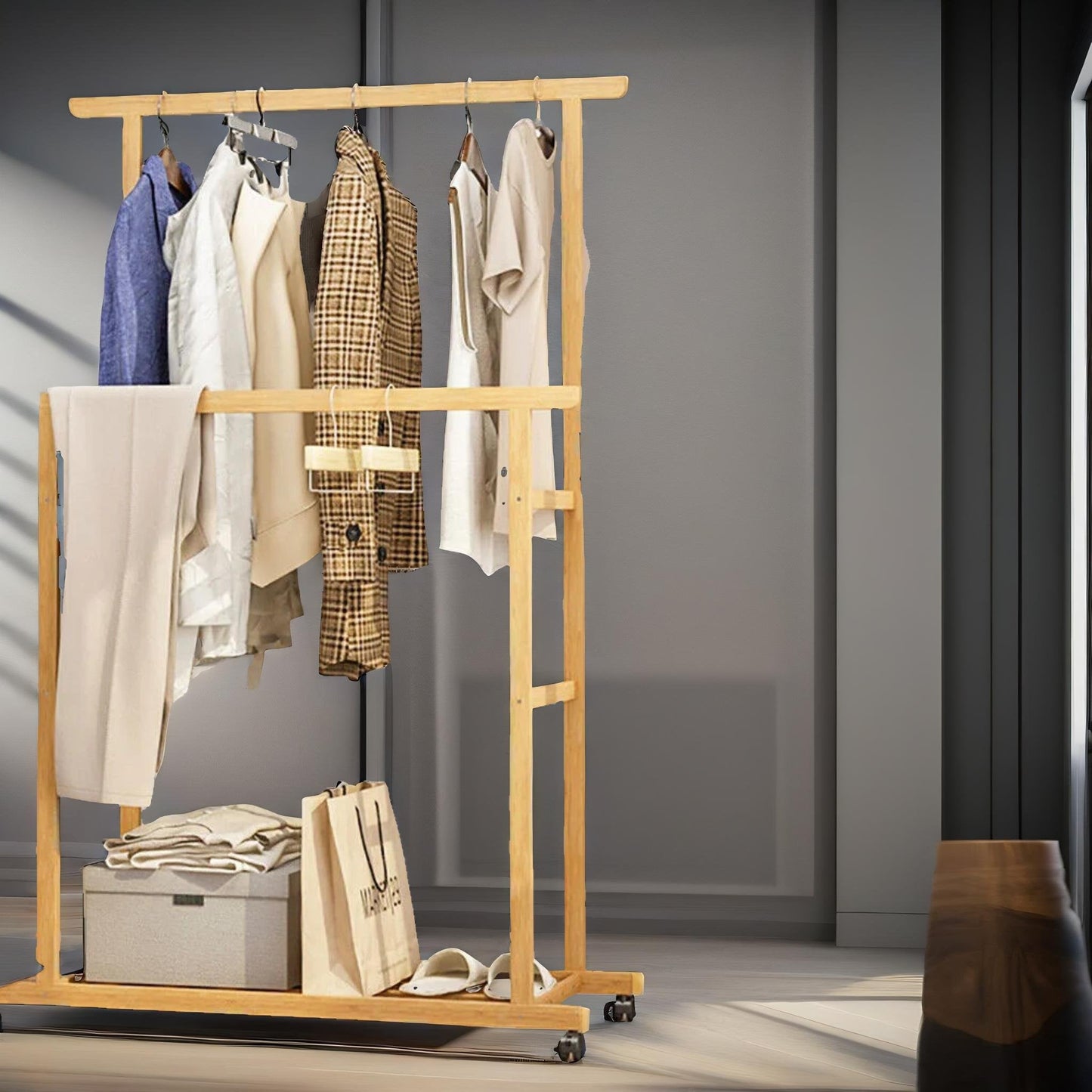 Wooden 4-in-1 Open Wardrobe With Hanging Rails
