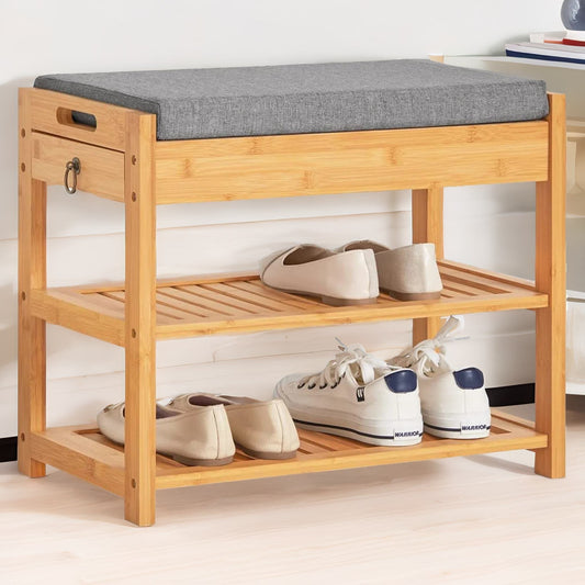 Wooden Shoe Storage Bench With Hidden Drawer & Cushioned Seat
