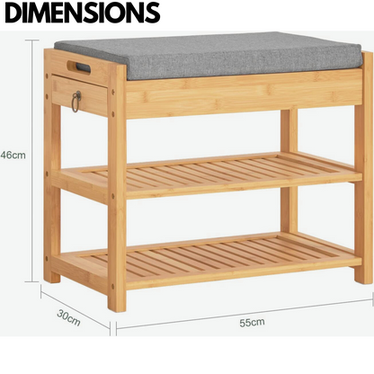 Wooden Shoe Storage Bench With Hidden Drawer & Cushioned Seat