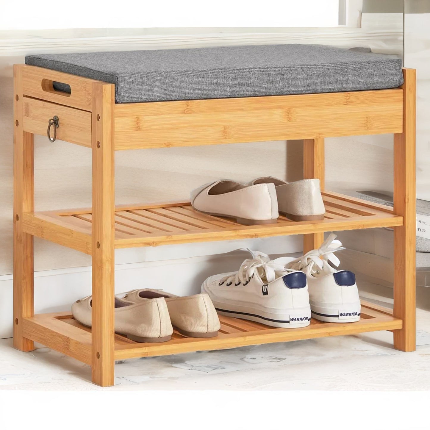 Wooden Shoe Storage Bench With Hidden Drawer & Cushioned Seat