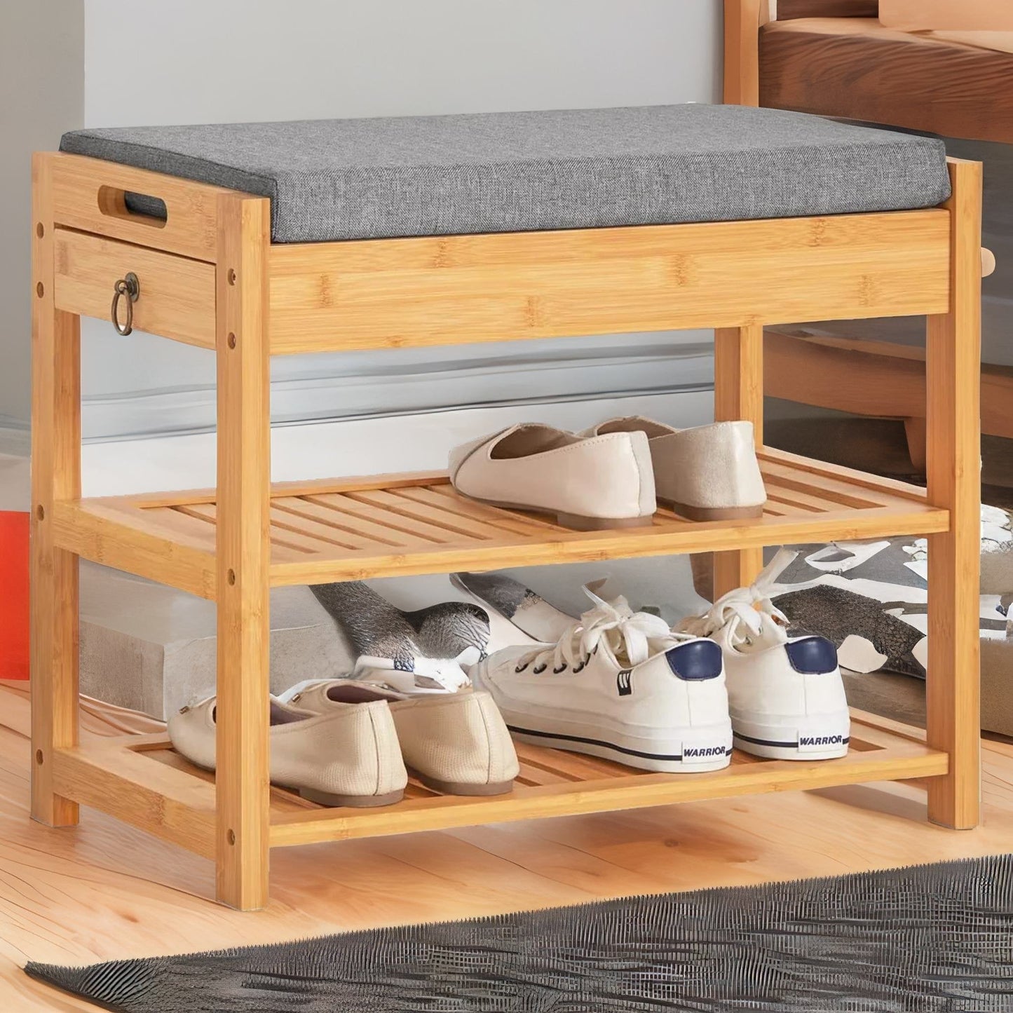 Wooden Shoe Storage Bench With Hidden Drawer & Cushioned Seat