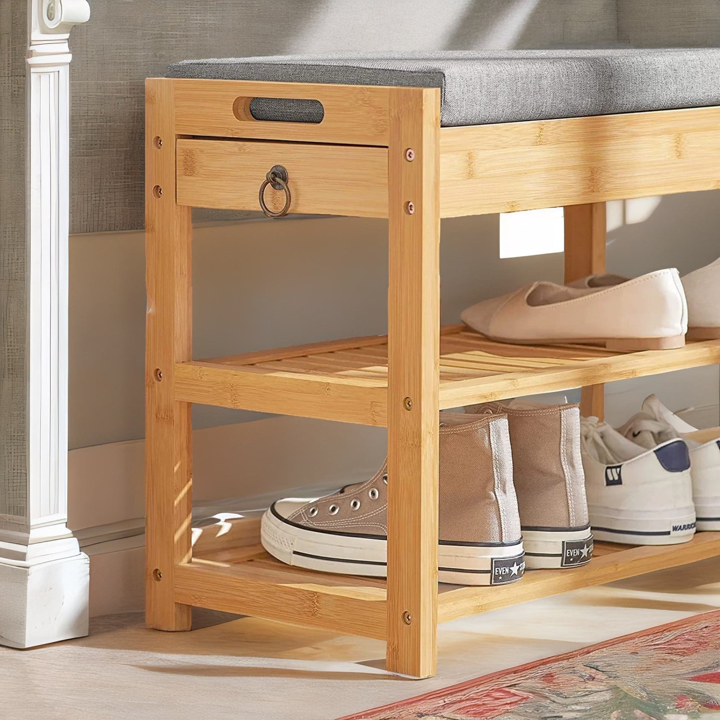 Wooden Shoe Storage Bench With Hidden Drawer & Cushioned Seat