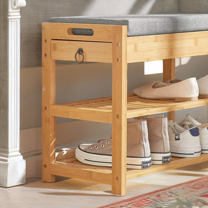 Wooden Shoe Storage Bench With Hidden Drawer & Cushioned Seat