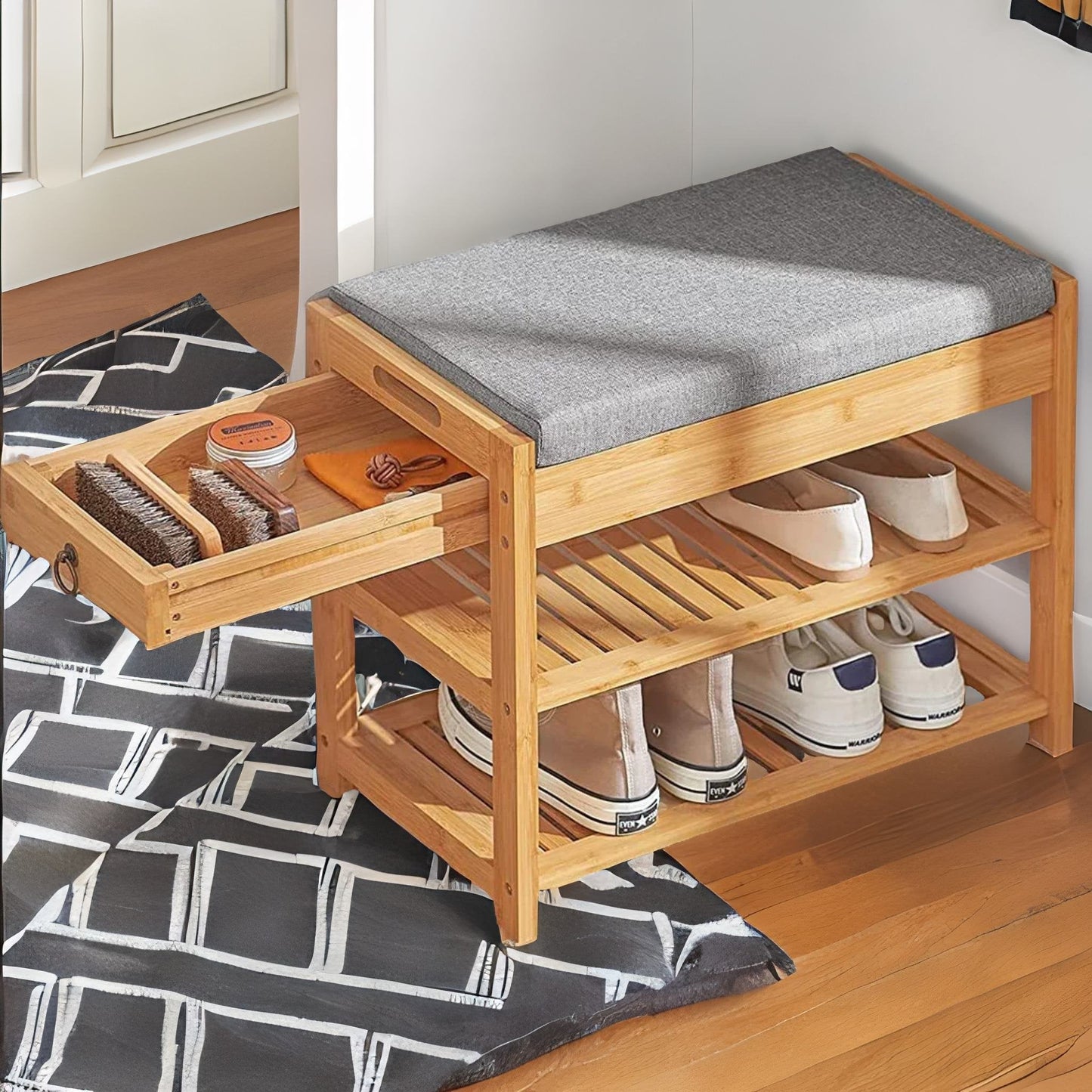 Wooden Shoe Storage Bench With Hidden Drawer & Cushioned Seat