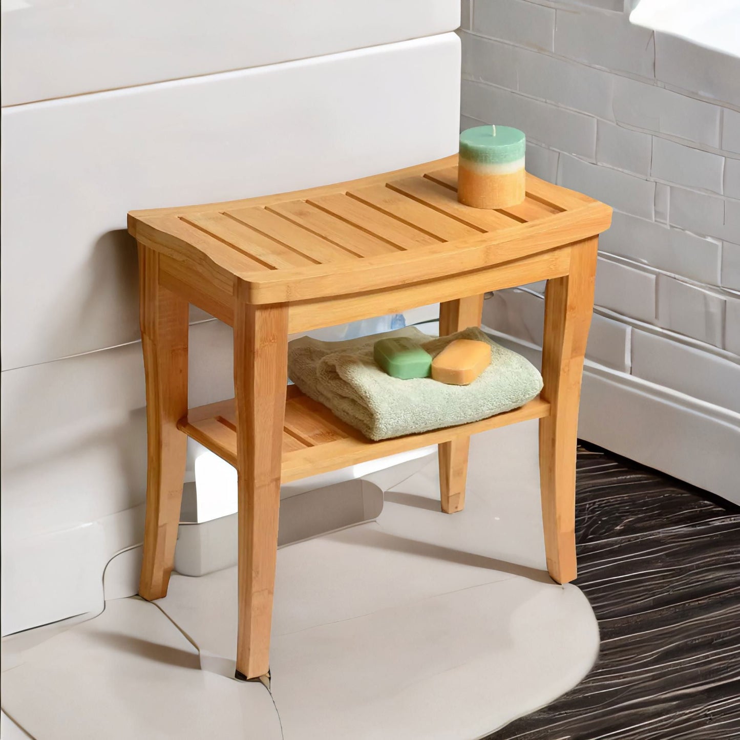 2 Tier Wooden Side Table Shower Stool Natural Brown
