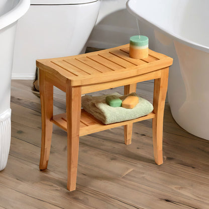 2 Tier Wooden Side Table Shower Stool Natural Brown