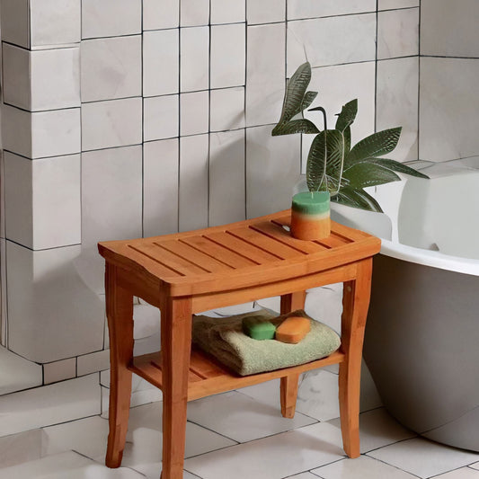 2 Tier Wooden Side Table Shower Stool Natural Brown