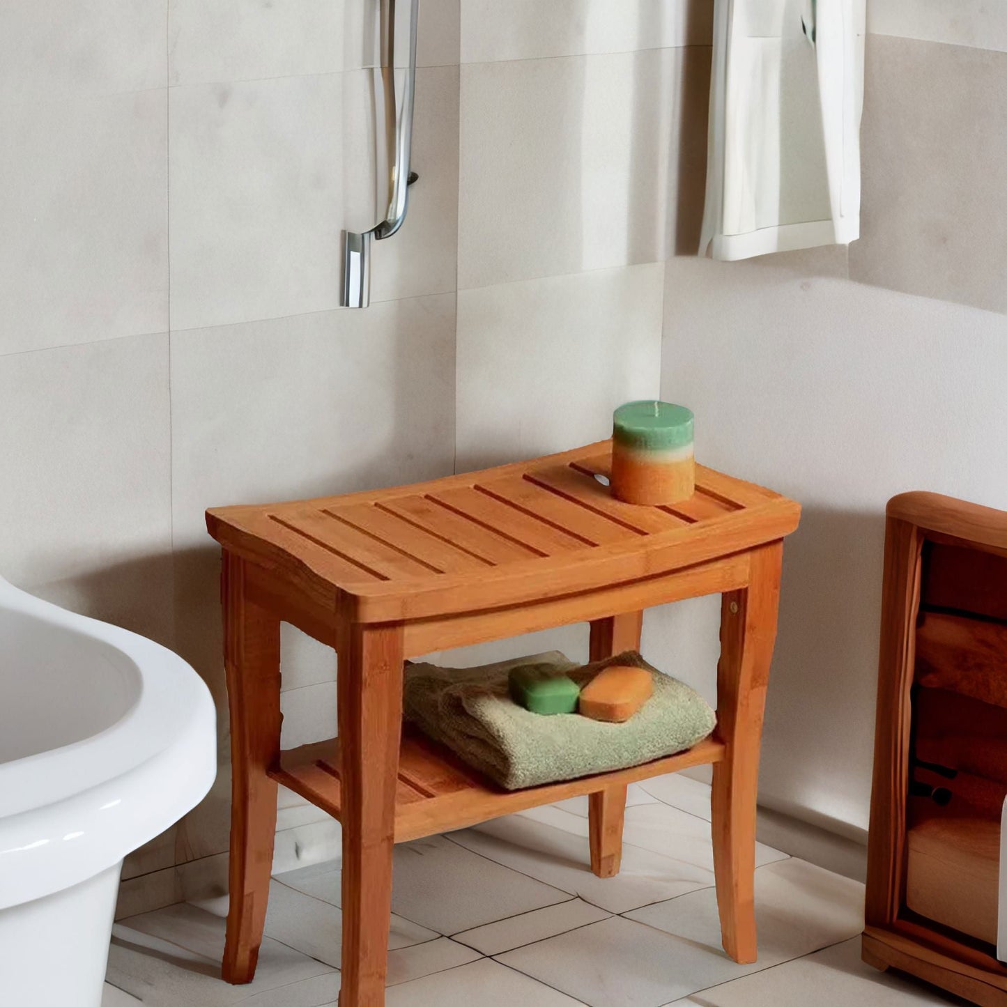 2 Tier Wooden Side Table Shower Stool Natural Brown