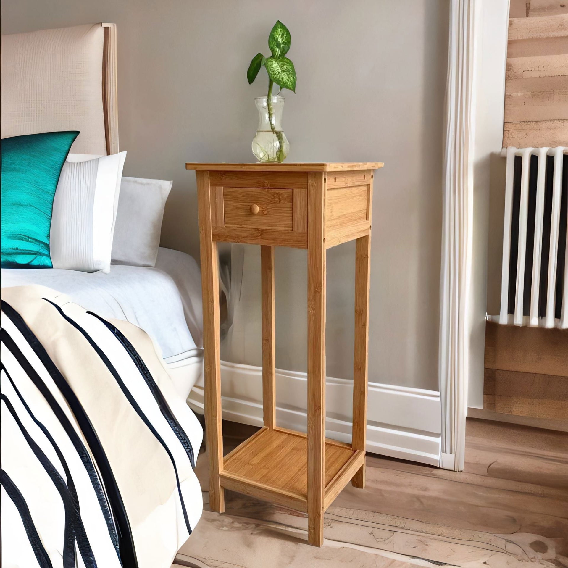 2 Tier Tall Wooden Side Table With Drawer Natural Brown