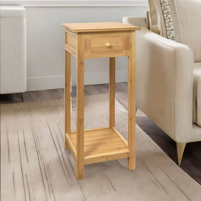 2 Tier Tall Wooden Side Table With Drawer Natural Brown