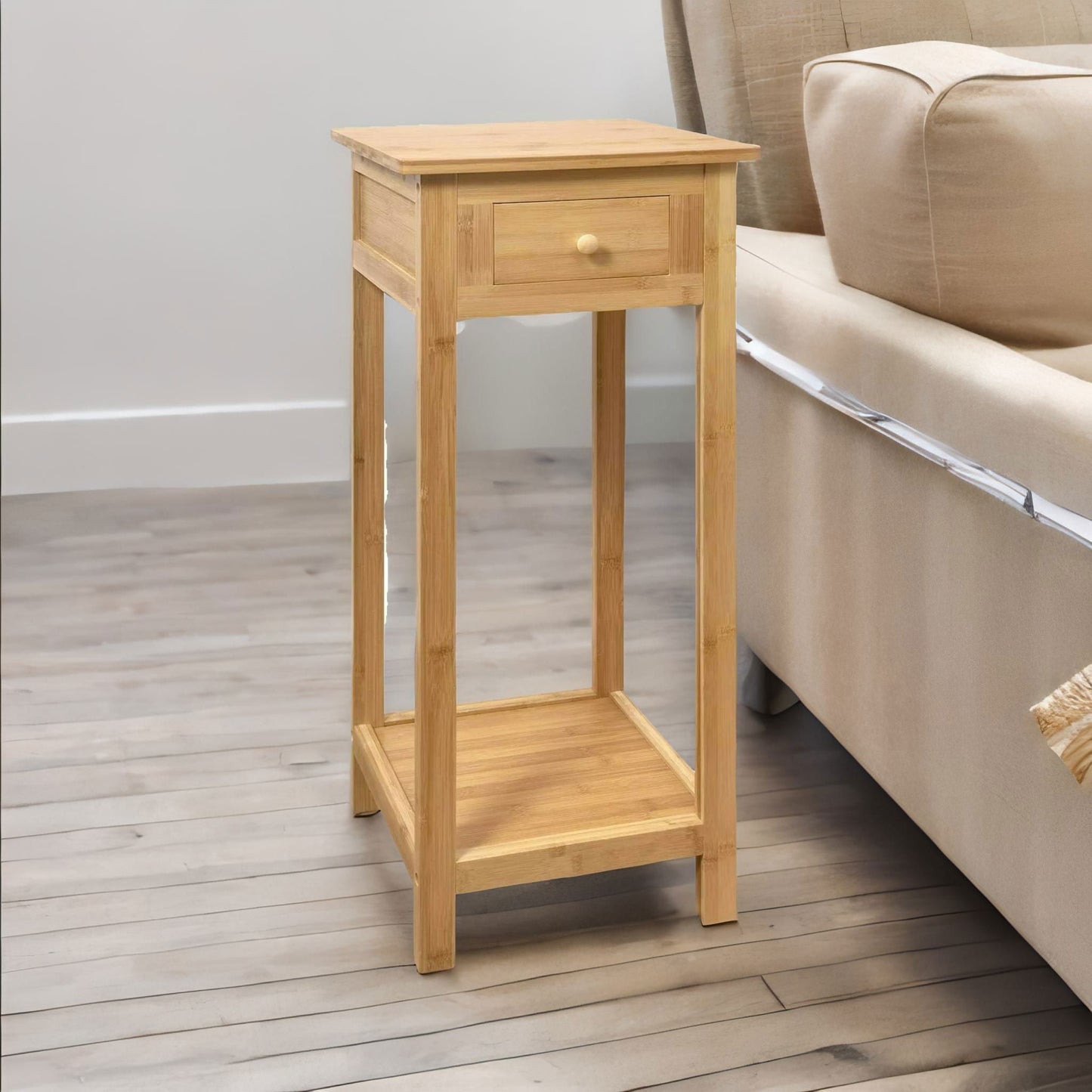 2 Tier Tall Wooden Side Table With Drawer Natural Brown