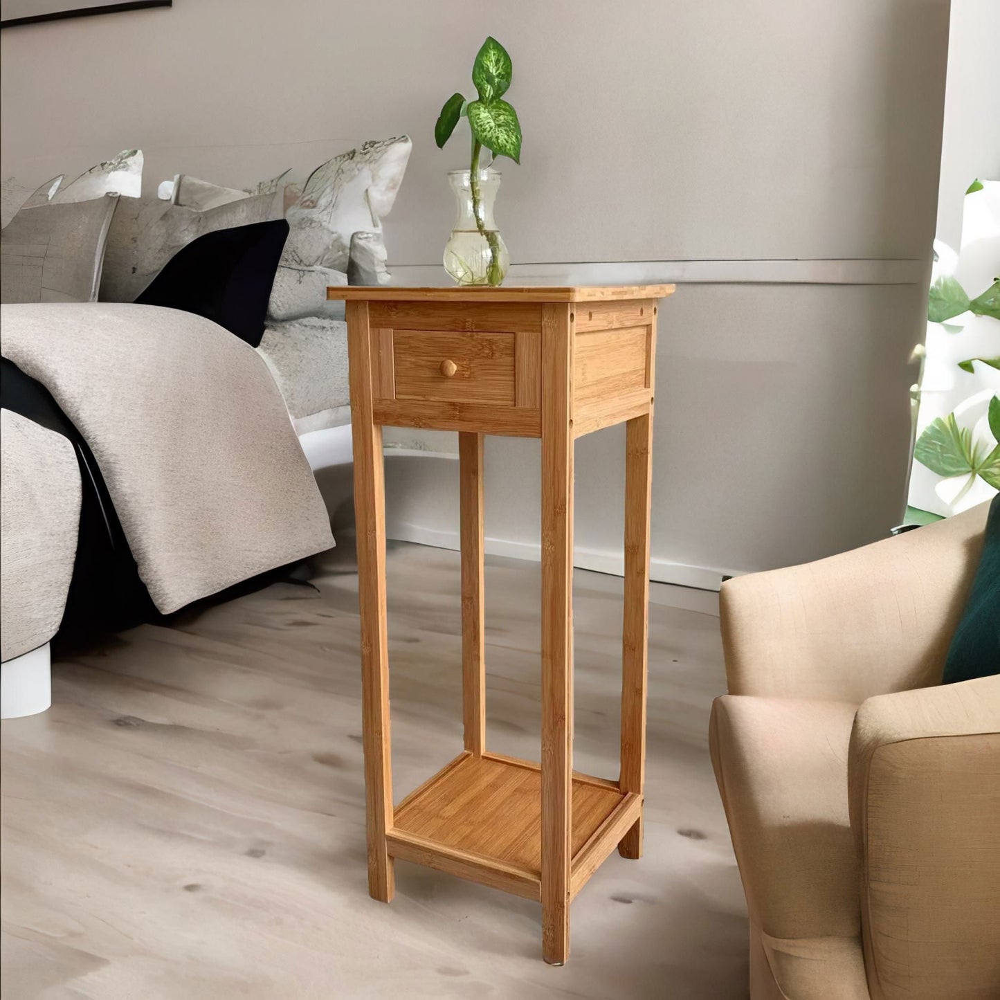 2 Tier Tall Wooden Side Table With Drawer Natural Brown
