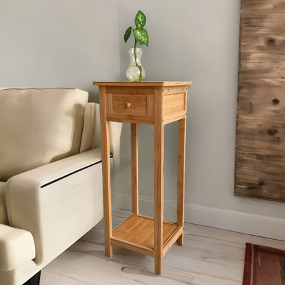 2 Tier Tall Wooden Side Table With Drawer Natural Brown