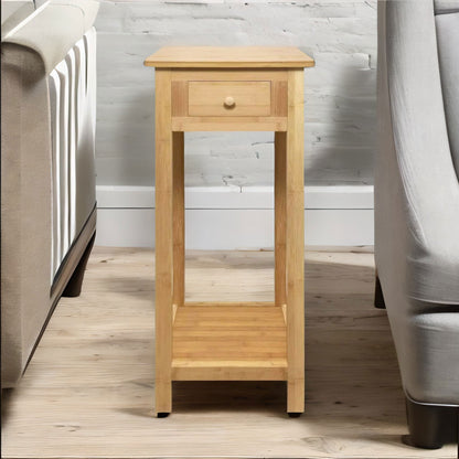2 Tier Tall Wooden Side Table With Drawer Natural Brown