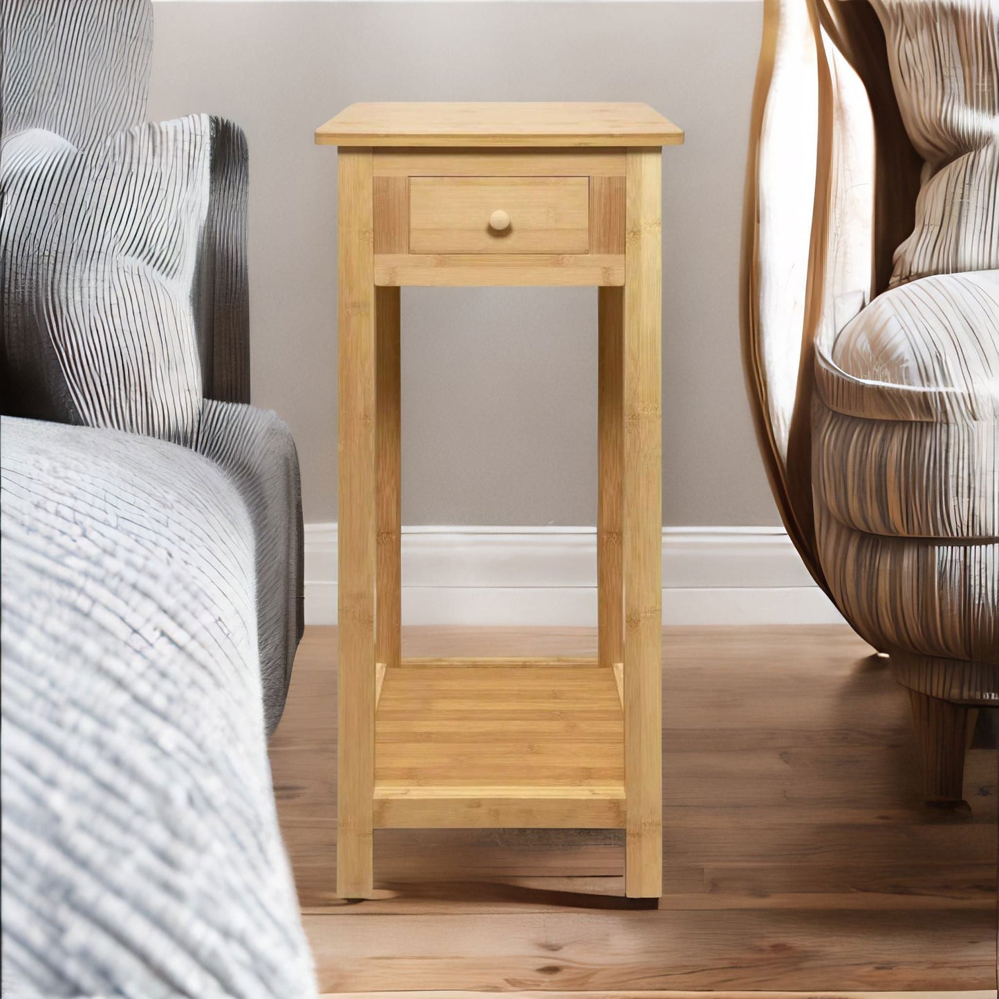 2 Tier Tall Wooden Side Table With Drawer Natural Brown