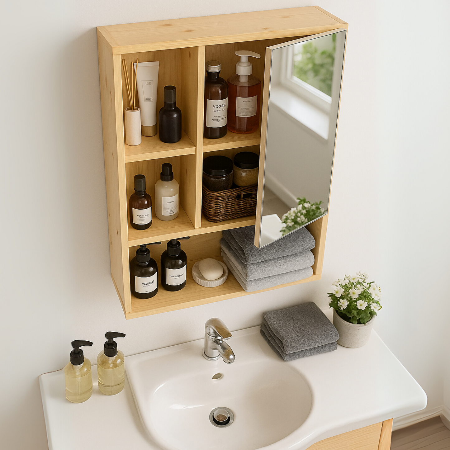Wooden Bathroom Wall Storage Cabinet Organiser With Mirror Natural Brown