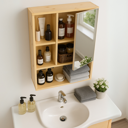 Wooden Bathroom Wall Storage Cabinet Organiser With Mirror Natural Brown