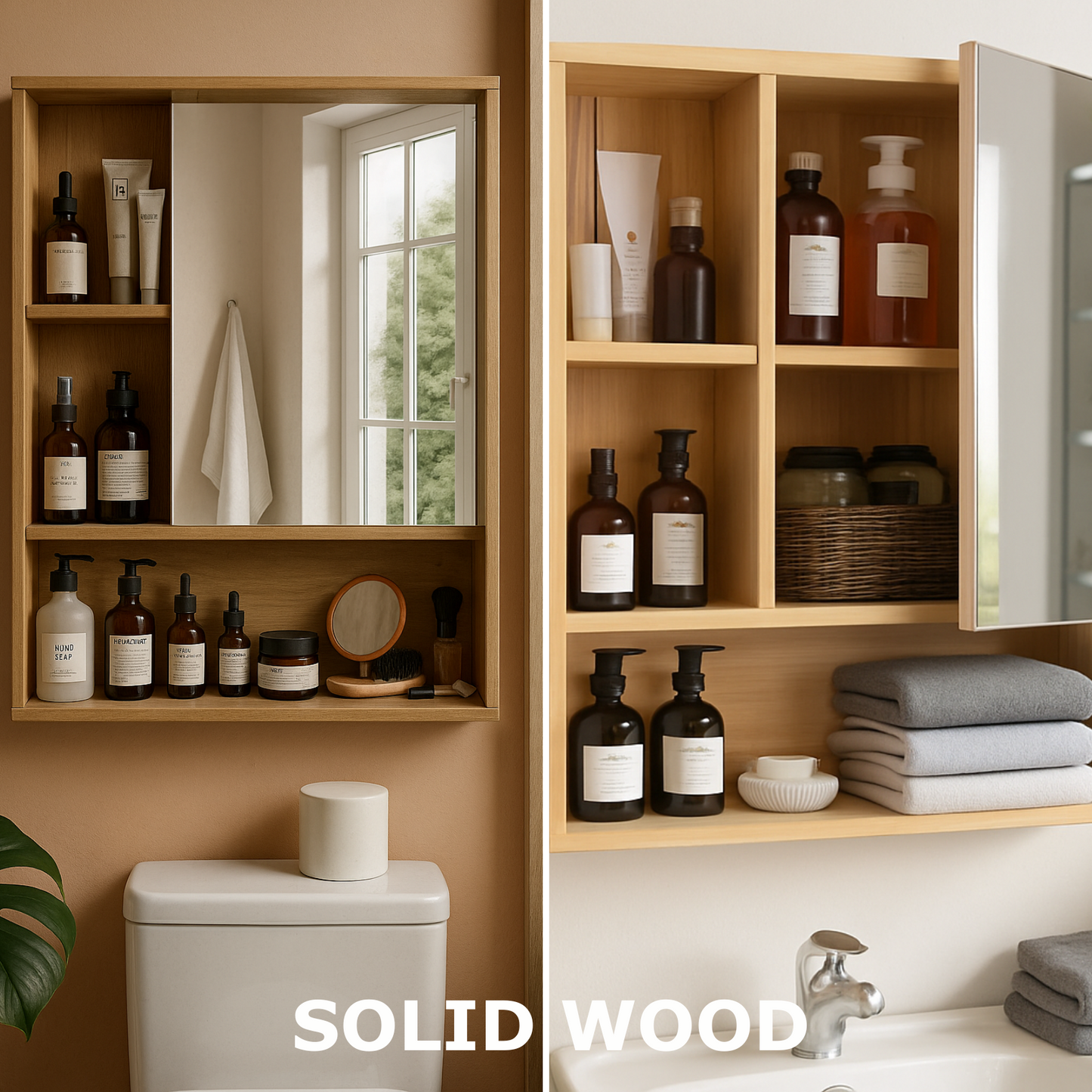 Wooden Bathroom Wall Storage Cabinet Organiser With Mirror Natural Brown