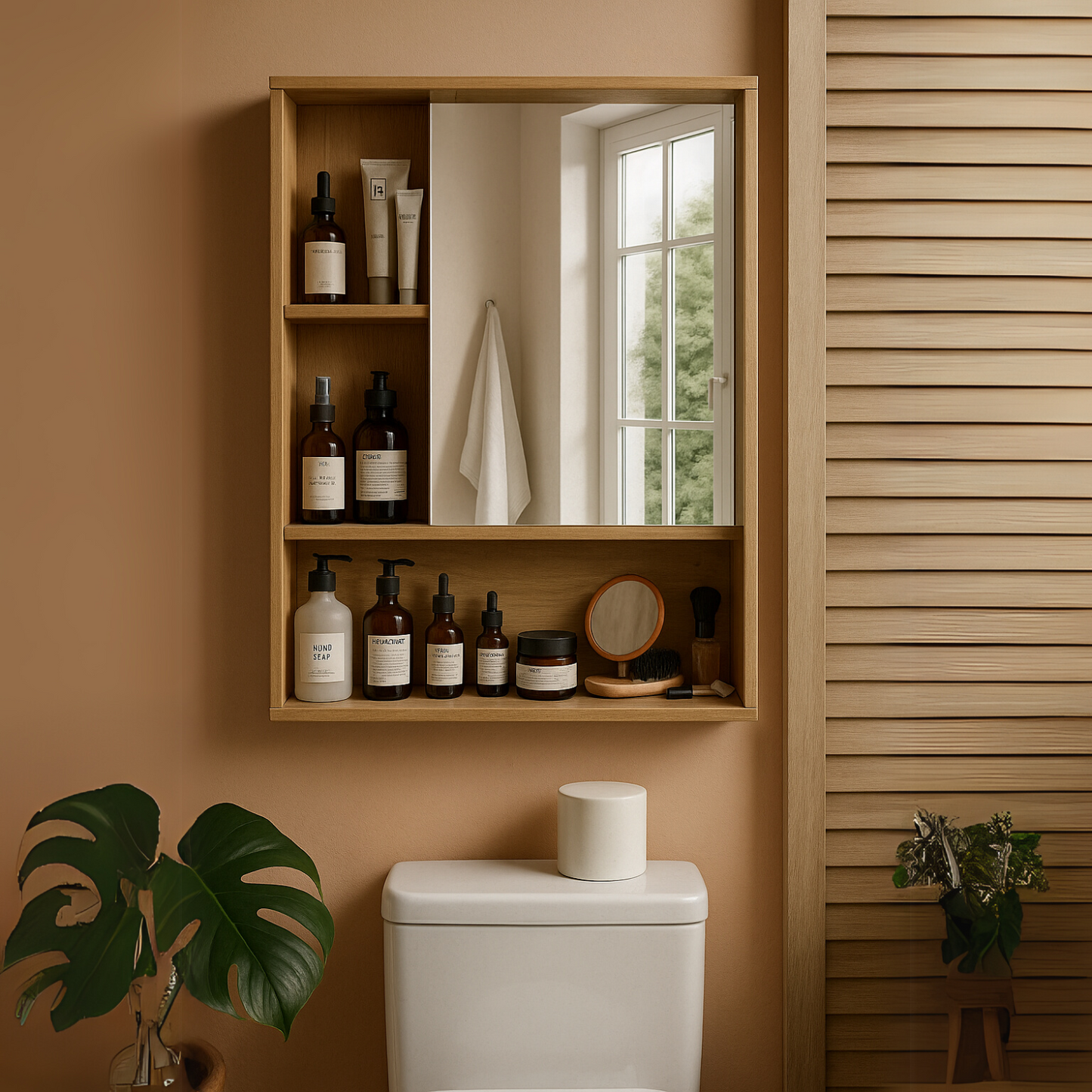 Wooden Bathroom Wall Storage Cabinet Organiser With Mirror Natural Brown