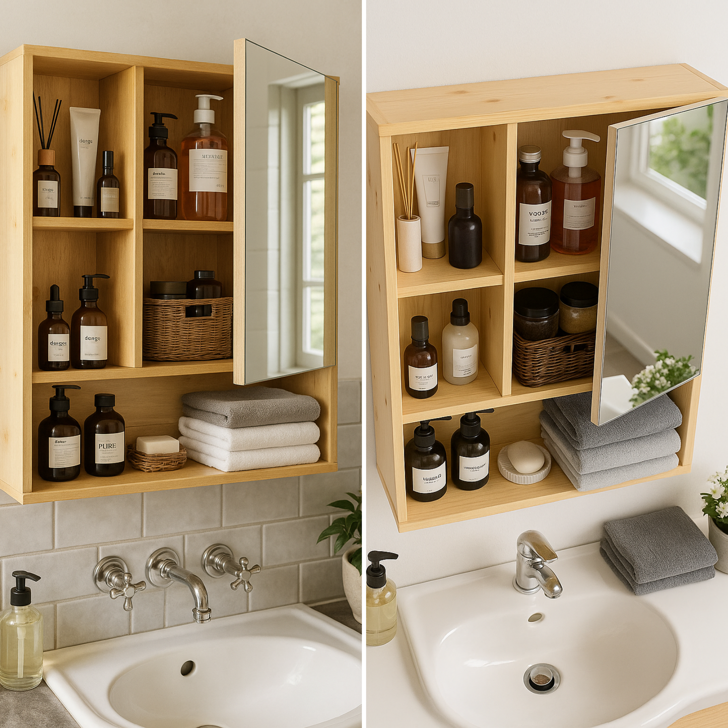 Wooden Bathroom Wall Storage Cabinet Organiser With Mirror Natural Brown