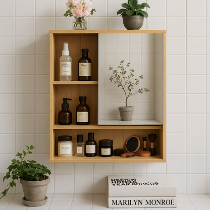 Wooden Bathroom Wall Storage Cabinet Organiser With Mirror Natural Brown