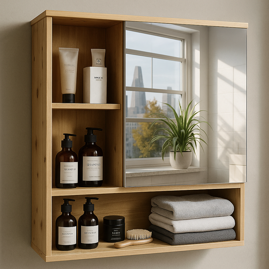 Wooden Bathroom Wall Storage Cabinet Organiser With Mirror Natural Brown