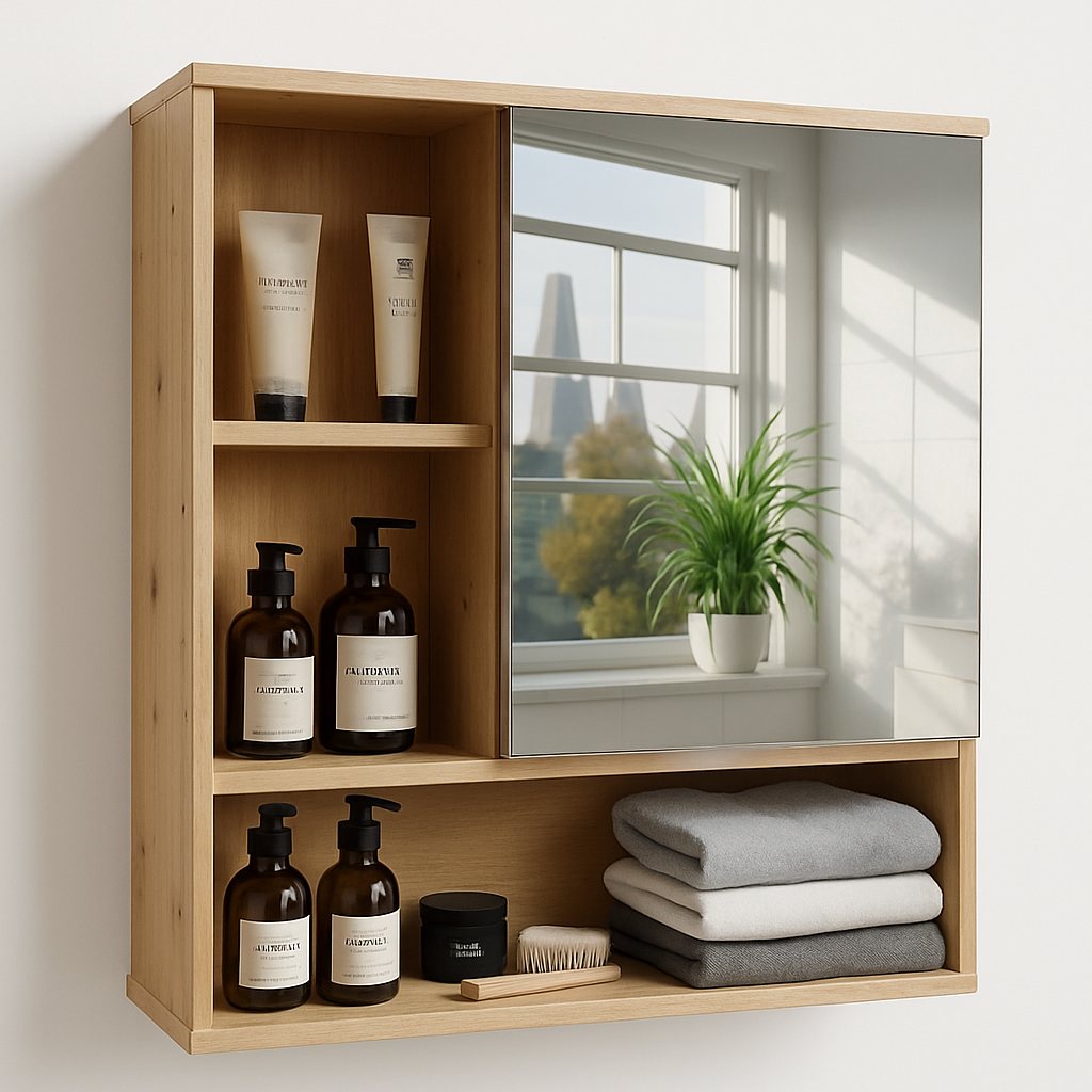 Wooden Bathroom Wall Storage Cabinet Organiser With Mirror Natural Brown