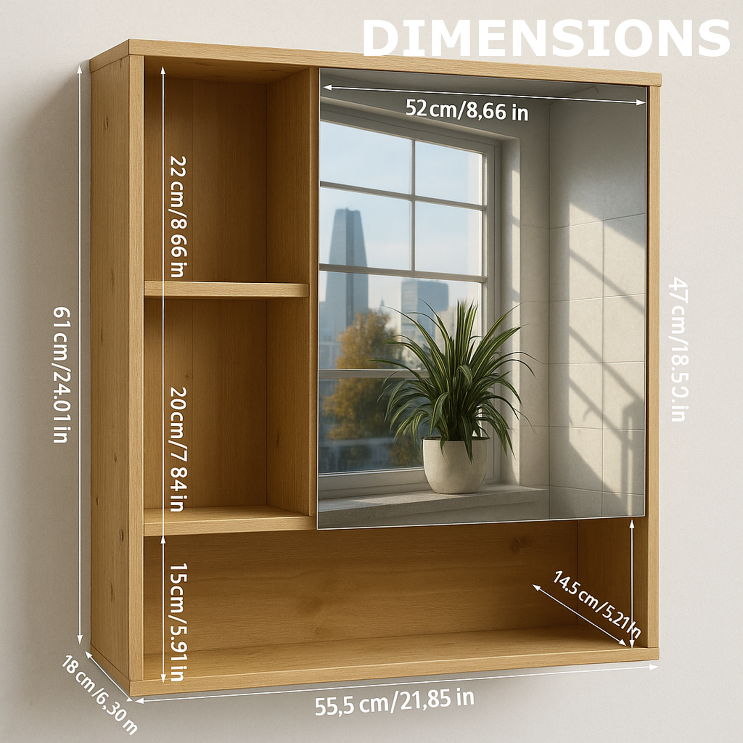 Wooden Bathroom Wall Storage Cabinet Organiser With Mirror Natural Brown