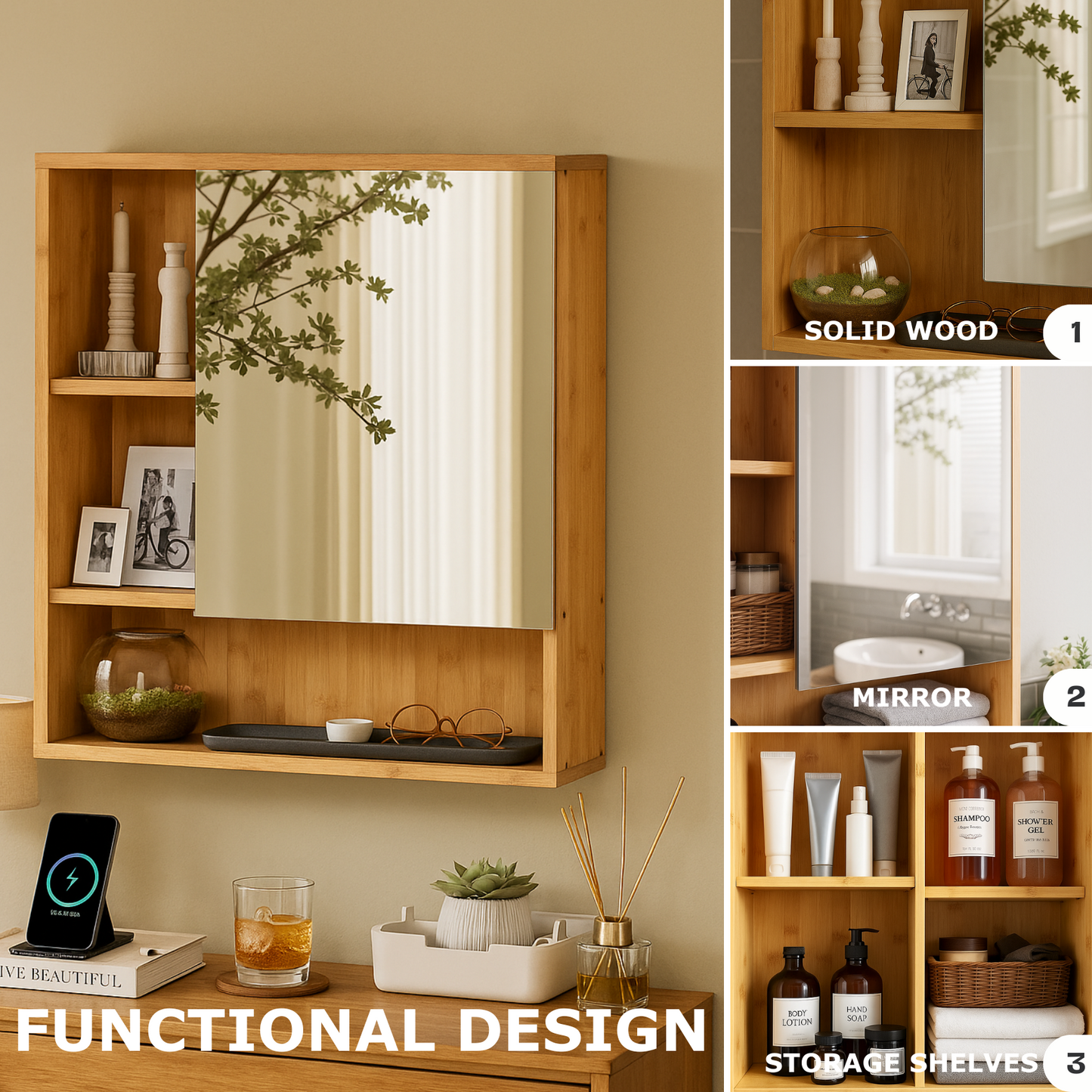 Wooden Bathroom Wall Storage Cabinet Organiser With Mirror Natural Brown