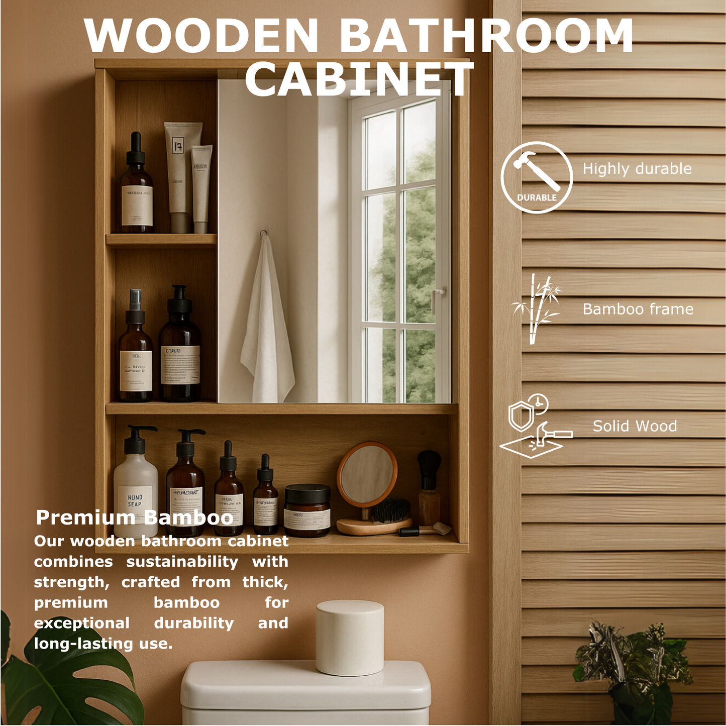 Wooden Bathroom Wall Storage Cabinet Organiser With Mirror Natural Brown