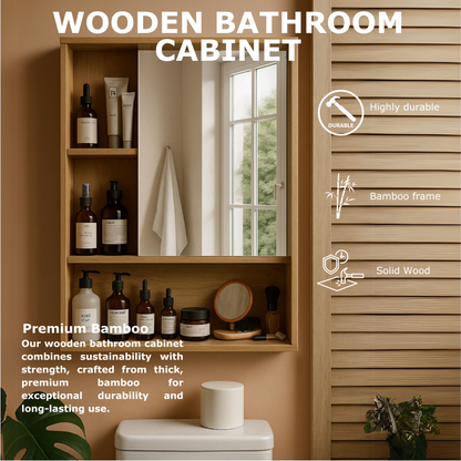 Wooden Bathroom Wall Storage Cabinet Organiser With Mirror Natural Brown