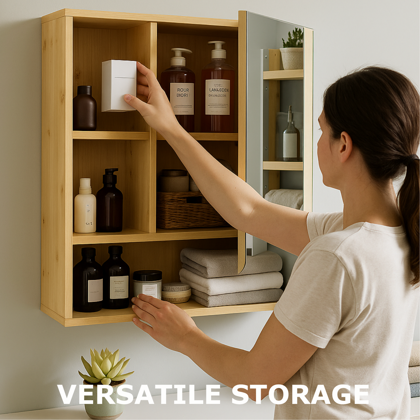 Wooden Bathroom Wall Storage Cabinet Organiser With Mirror Natural Brown