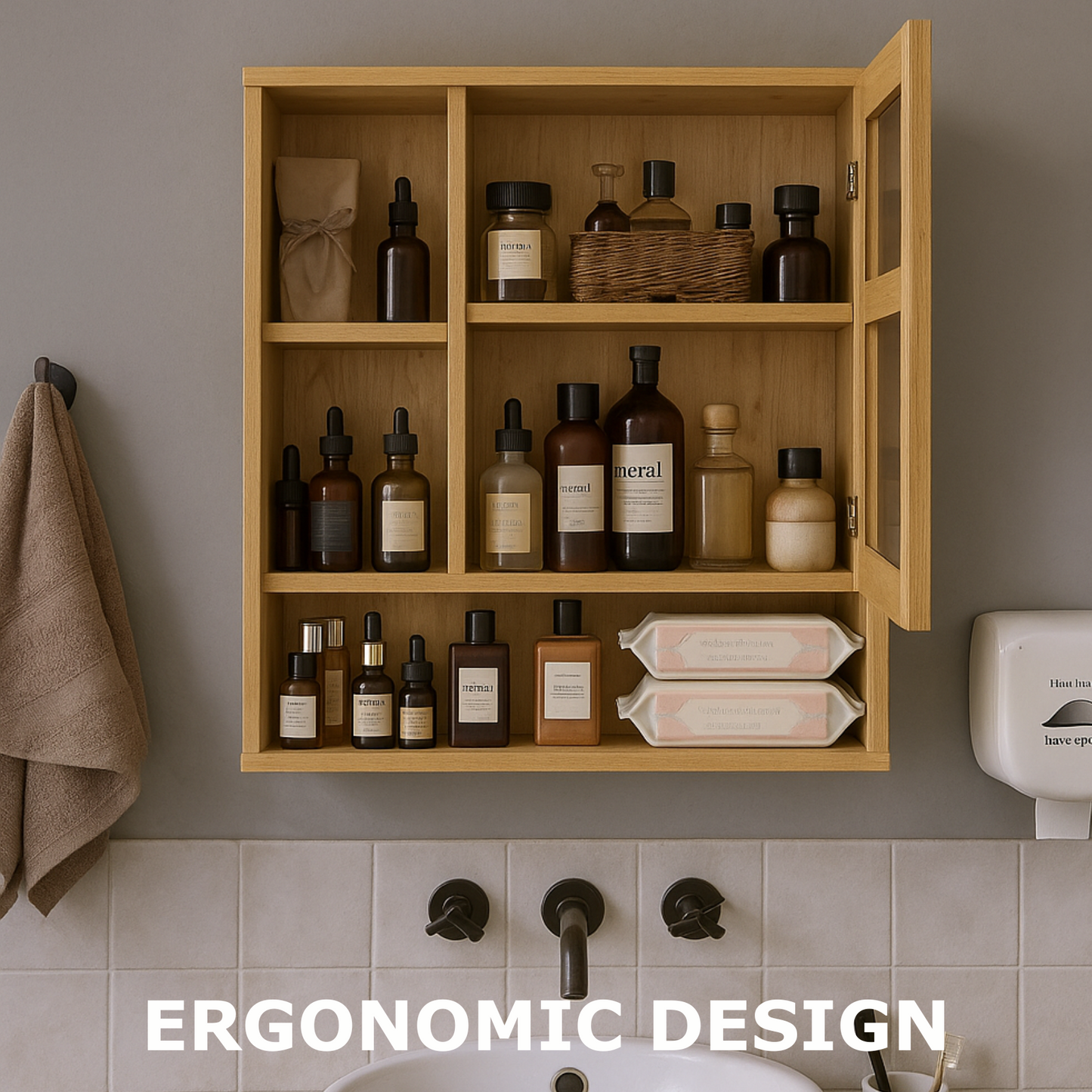 Wooden Bathroom Wall Storage Cabinet Organiser With Mirror Natural Brown