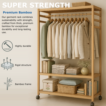Wooden Clothes Rack | Portable Open Wardrobe with Shoe Storage