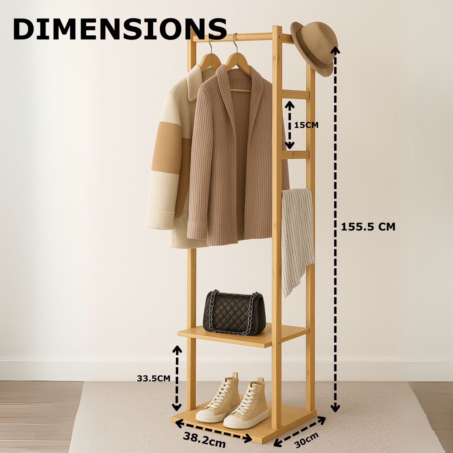 Narrow Wooden Clothes Rail With 2 Shelves
