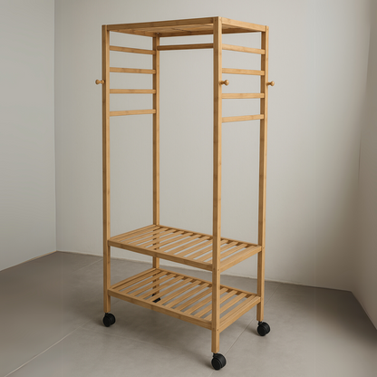 Wooden Clothes Rack | Portable Open Wardrobe with Shoe Storage